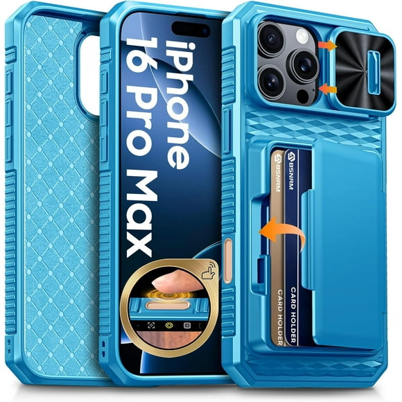 Funda de teléfono BSNRM para iPhone 16 Pro Max con tarjetero azul