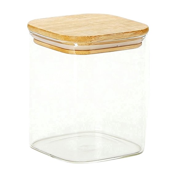Square Glass Storage Jar with Wood Lid Airtight Kitchen Pantry Container for Dry Food Grains and Snacks