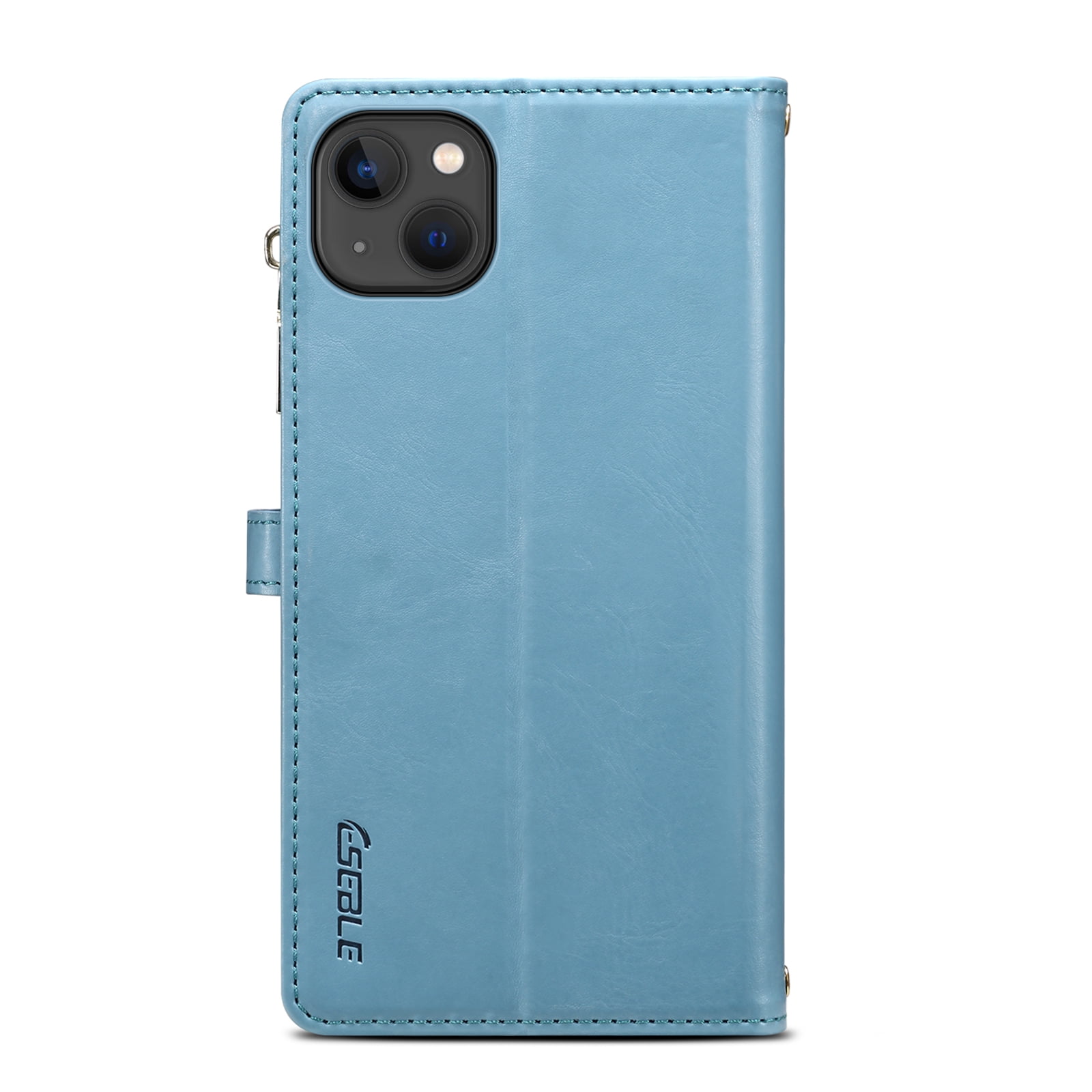 Dteck Wallet Case for iPhone 13 6.1 Inch, Leaf Pattern Luxury PU Leather RFID Blocking Card Slots Holder Zipper Pocket Flip Case with Kickstand Magnetic Crossbody Strap Phone Cover,Blue