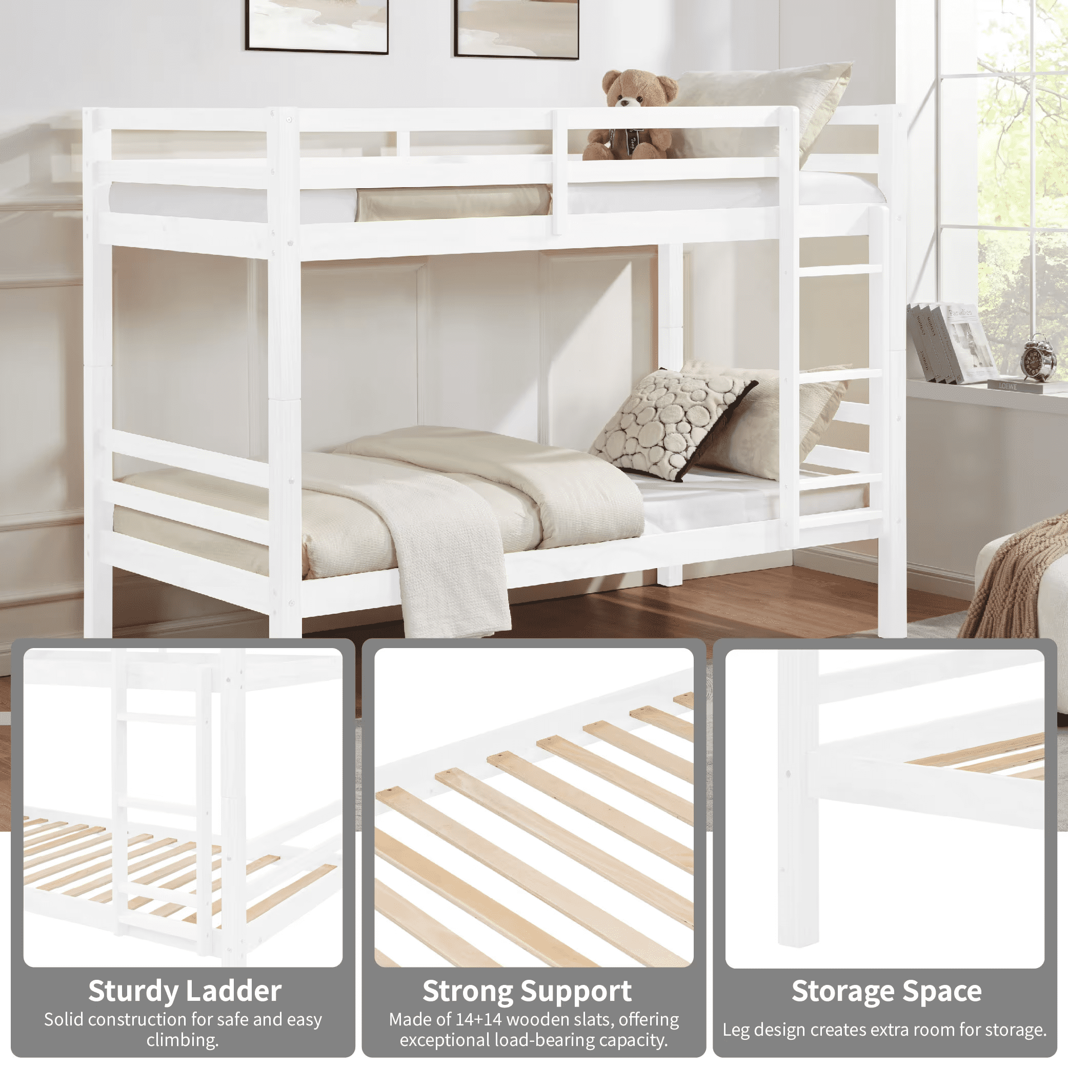 MAYEERTY Twin over Twin Bunk Bed with Thick Posts, Wooden Bed Frame with High Guardrail and Ladder for Kids, No Box Spring Needed, White