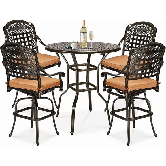 W WARMHOL 5 Pieces Patio Swivel Bar Set, Patio Bar Table and Chairs Set, All-Weather Cast Aluminum Outdoor Swivel Bar Stools of 4 and 38.5" Bar Table, High Top Bistro Set for Deck, Pool, Garden