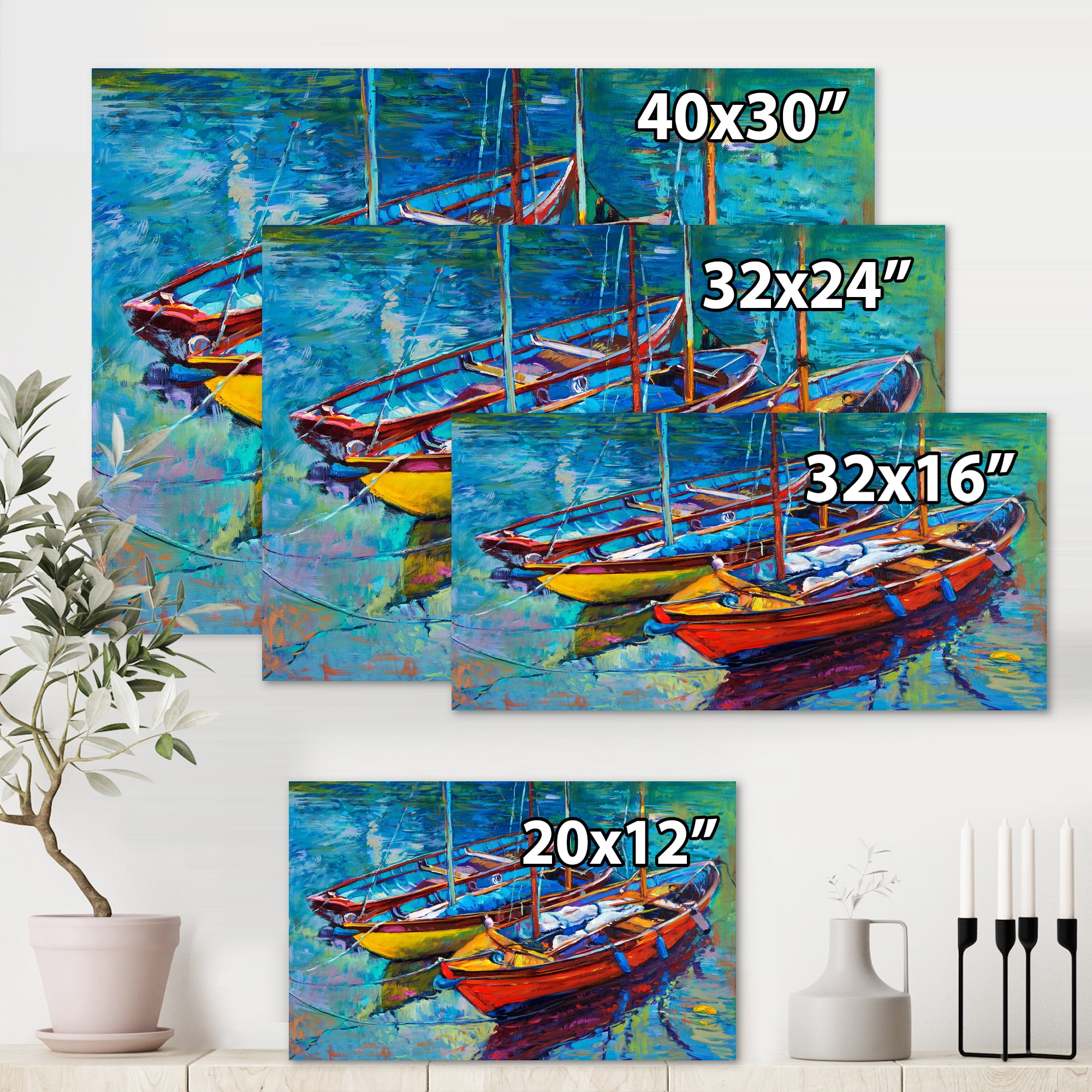 Three Colorful Boats In The Harbor 32 in x 16 in Painting Canvas Art Print, by Designart