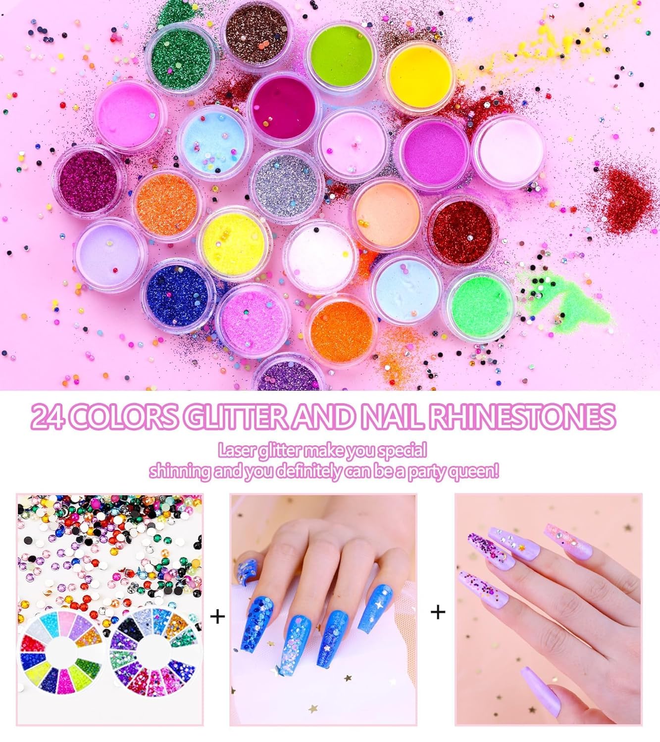 YEVYO Acrylic Nail Kit, Nail Kit for Beginners with Everything, 24 Colors Glitter Acrylic Powder and Liquid Monomer Set, 200 Pcs Nail Tips, 3 Pcs Acrylic Nail Brush for Home DIY Extension Nail Salon