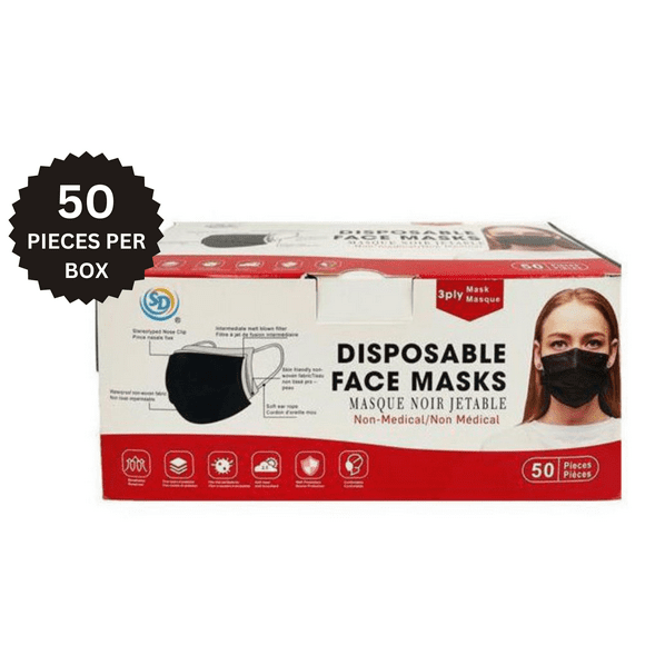 SD Masques Jetables, Non-Tissé 3 Plis - Noir (50 Pièces dans une Boîte)