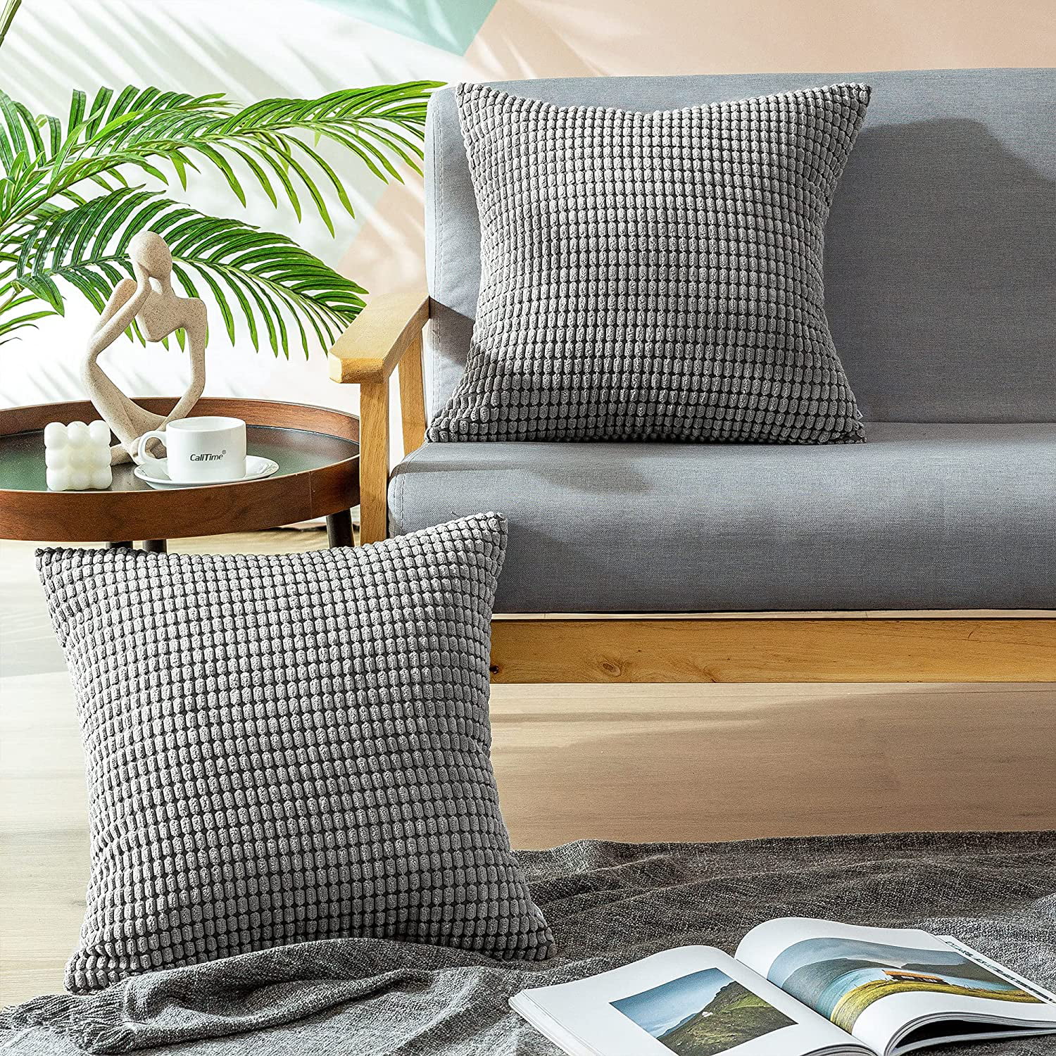 2Pcs Medium Grey Pillow Cover Shells Corn Soft Corduroy Striped Sofa Home 24x24" 