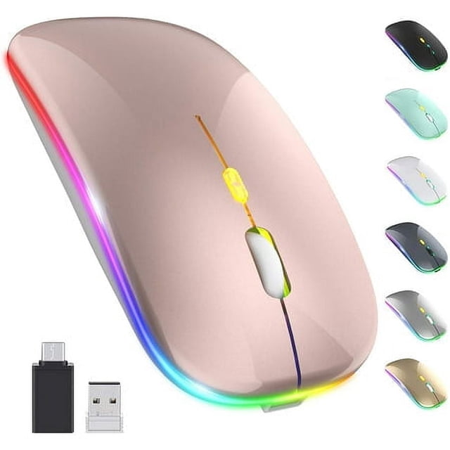 Ratón inalámbrico LED, recargable, delgado y silencioso, 2.4 G, portátil, óptico, para oficina, con receptor USB y tipo C, 3 DPI ajustables para notebook, PC, laptop, computadora de escritorio (oro