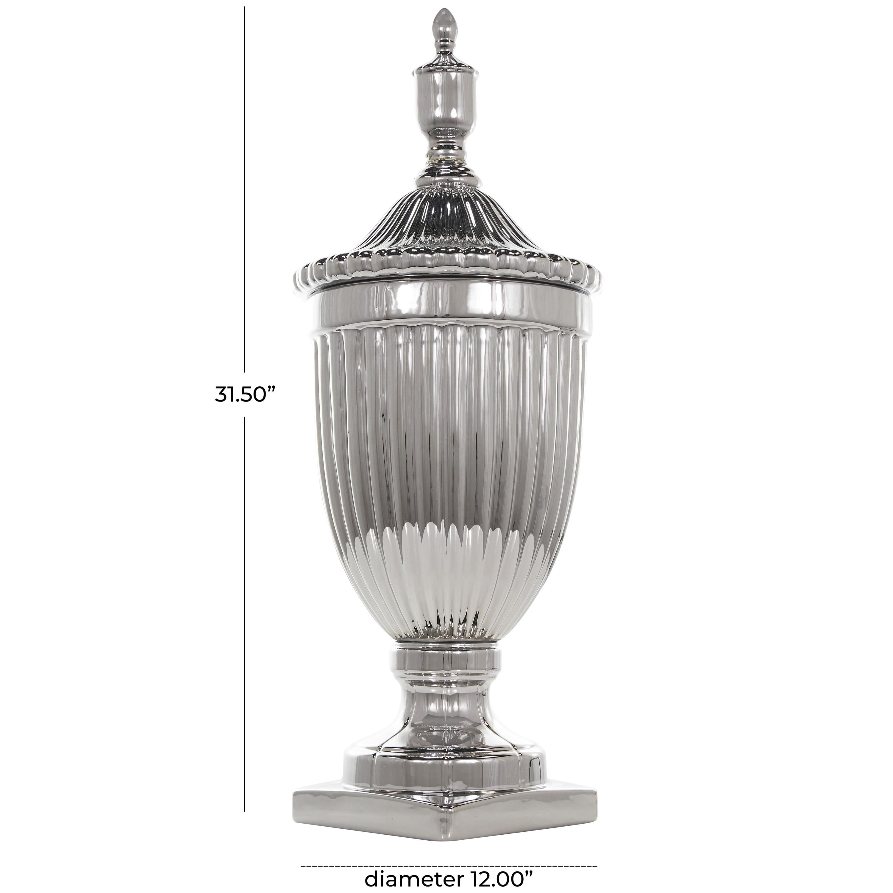 DecMode 12" x 32" Silver Ceramic Tall Decorative Jars with Grooves, 1-Piece