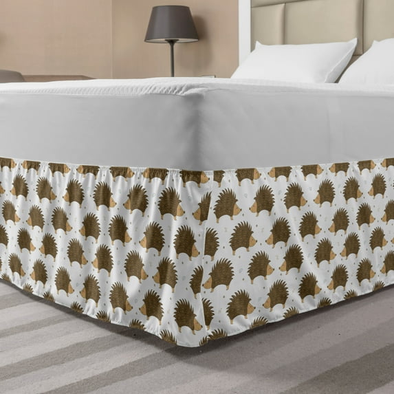 Hedgehog Bed Skirt, Cartoon Style Porcupine Mascots with Tiny Little Swirls and Leaves, Elastic Bedskirt Dust Ruffle Wrap Around for Bedding Decor, 4 Sizes, Caramel Pale Brown White, by Ambesonne