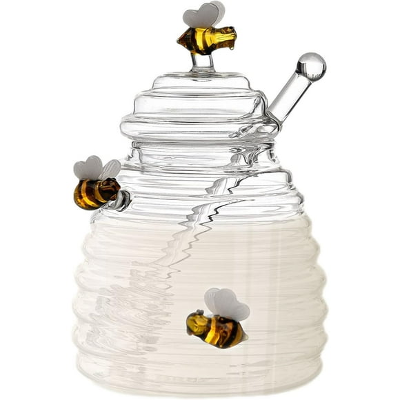 SURJDE Honey Jar, Glass Honey Jars with Lids and Dipper, Honey Dipper Jar with Honey Stick Transparent Honey Pot Container with Honey Spoon, Large Capacity Honey Pot and Drizzler for Honey S