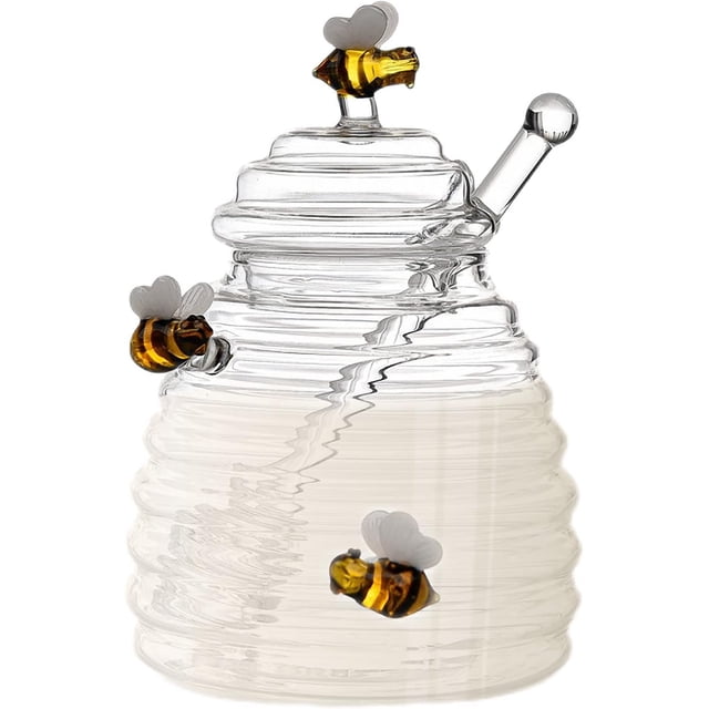 SURJDE Honey Jar, Glass Honey Jars with Lids and Dipper, Honey Dipper Jar with Honey Stick Transparent Honey Pot Container with Honey Spoon, Large Capacity Honey Pot and Drizzler for Honey S