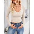 thumbnail image 6 of Long Sleeve Shirts for Women Fall Fashion V Neck Basics Crop Tops Slim Fitted Y2K Tops Outfits Clothes Oatmeal Color S, 6 of 9