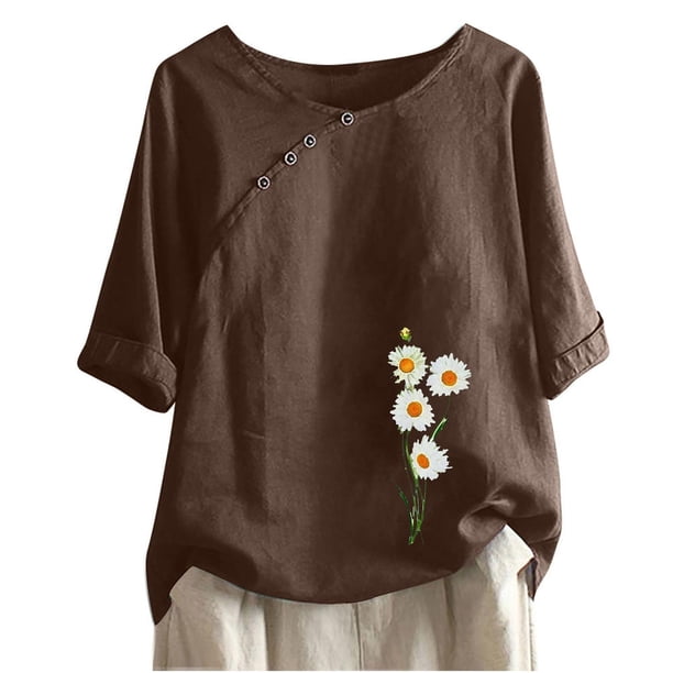 Blusas de Manga Corta para las Mujeres Impresas Cuello Redondo Camiseta Casual, Blusa de Algodón de Imitación para las Mujeres