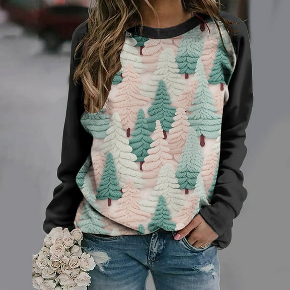 pimelu Christmas Sweater Women Crew Neck Sweatshirt for Christmas Ladies Trendy Color Block Christmas Tree Print Pullover Girls Round Neck Long Sleeve Shirt Tops