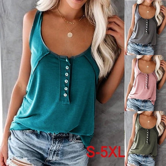 Vmvidoty Women's Summer Buttom Tank Top Sleeveless Scoop Neck Loose Casual Tee Army Green L