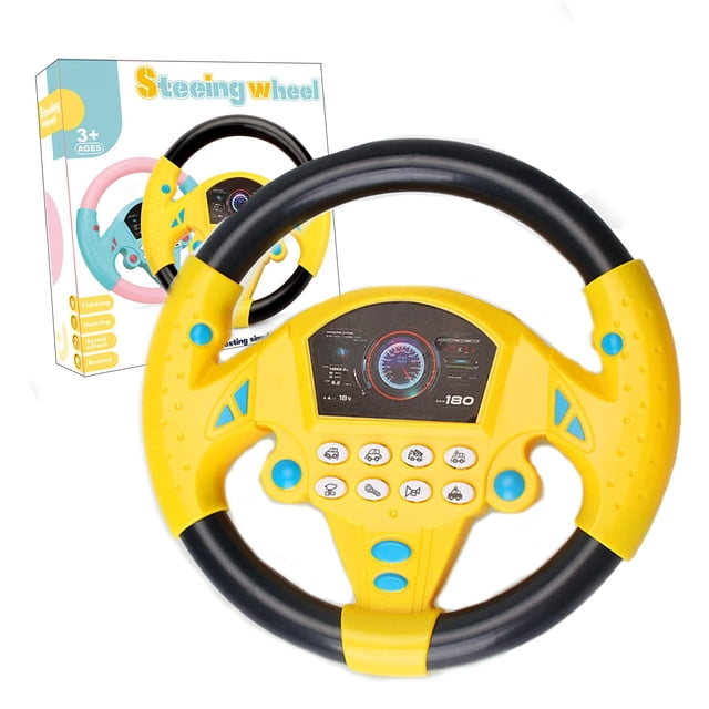 asiento de coche de juguete para niños con música para bebés y niños pequeños volante musical amarillo y negro, vista frontal centrada con panel de botones blancos y pantalla simulada de velocímetro, agarre ergonómico para manos pequeñas y ventosa incluida para fijar en superficies lisas.