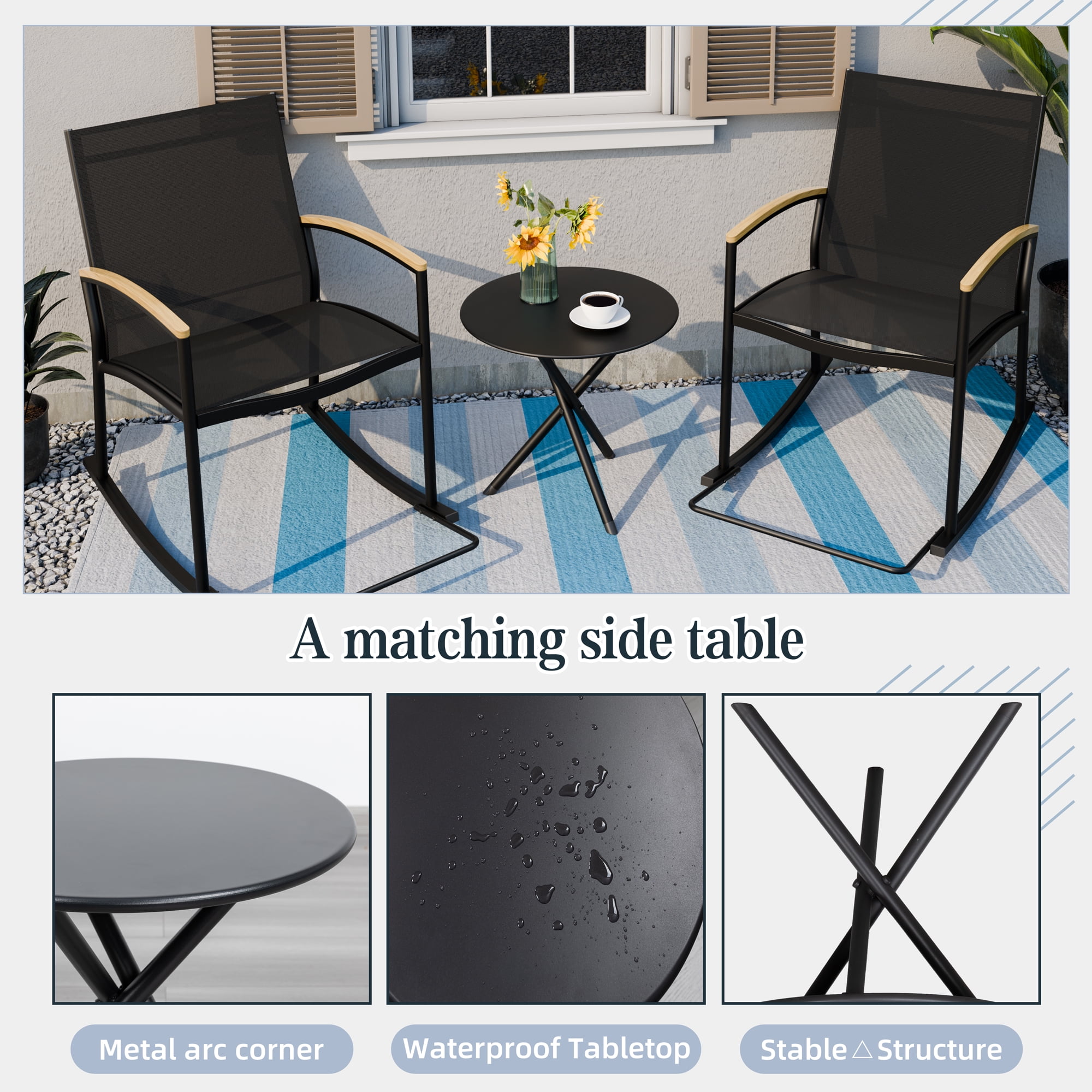 Walsunny 3 Pieces Patio Set Outdoor Patio Furniture Sets Modern Rocking Bistro Set Textilene Chair Conversation Sets Black