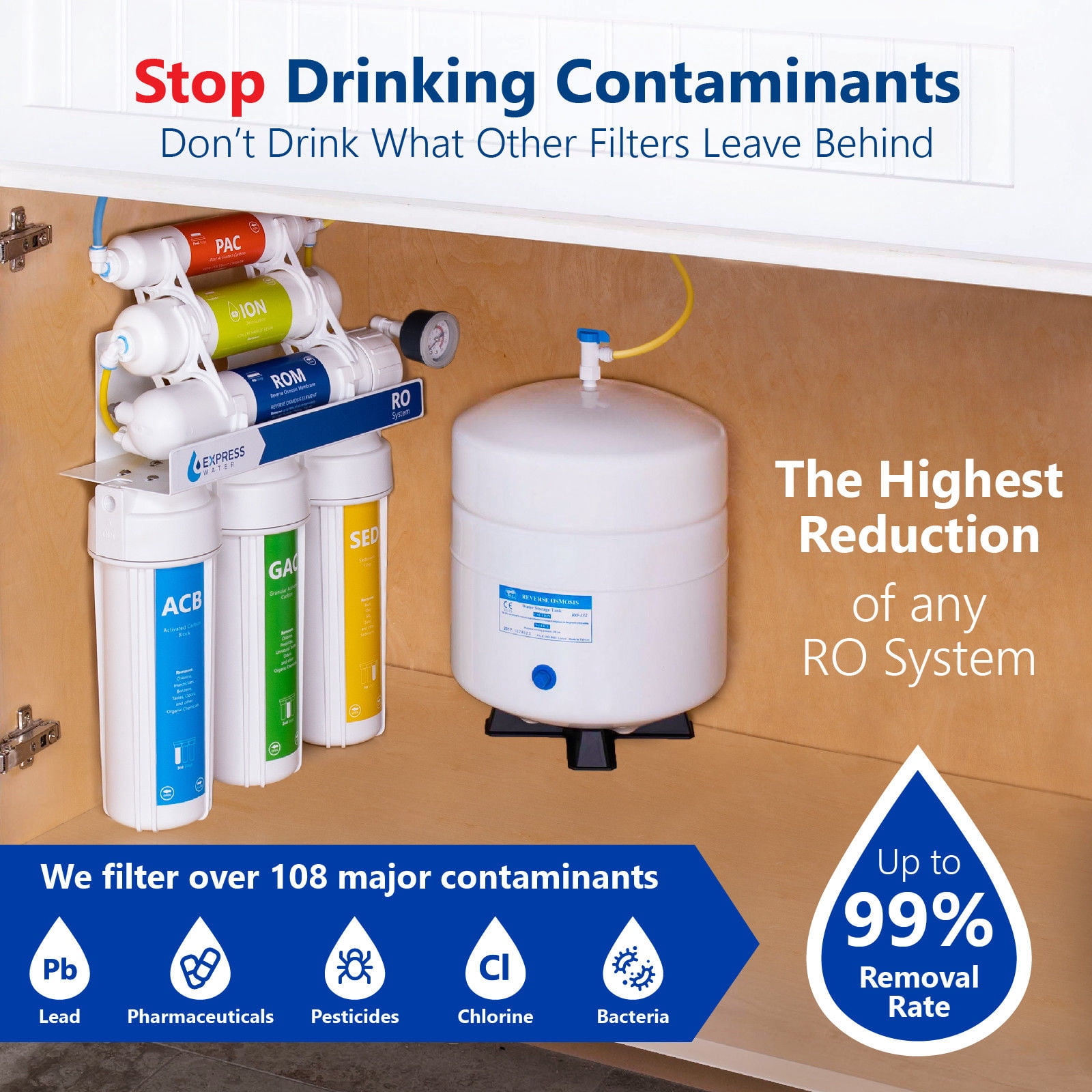 Express Water Deionization Reverse Osmosis Water Filtration System – 6 Stage RO DI Water Filter with Faucet and Tank – Distilled Pure – Under Sink Home Water Softener – 100 GPD with Pressure Gauge