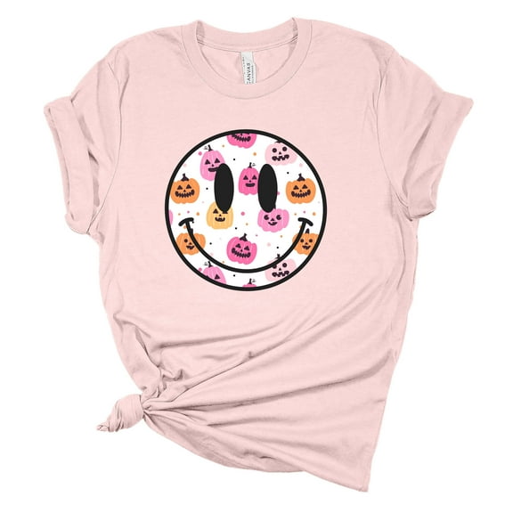 Womens Halloween Tshirt Pumpkin Happy Face Smile Fall Short Sleeve Halloween T-shirt-Pink-medium