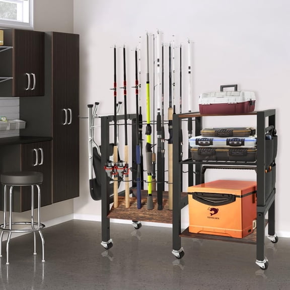 3 Tier Fishing Rod Holder, Fishing Pole Rack for Garage, Fishing Gear Tackle Box Fishing Equipment Organizers, Fishing Rod Tackle Cart Storage Up to 12 rods