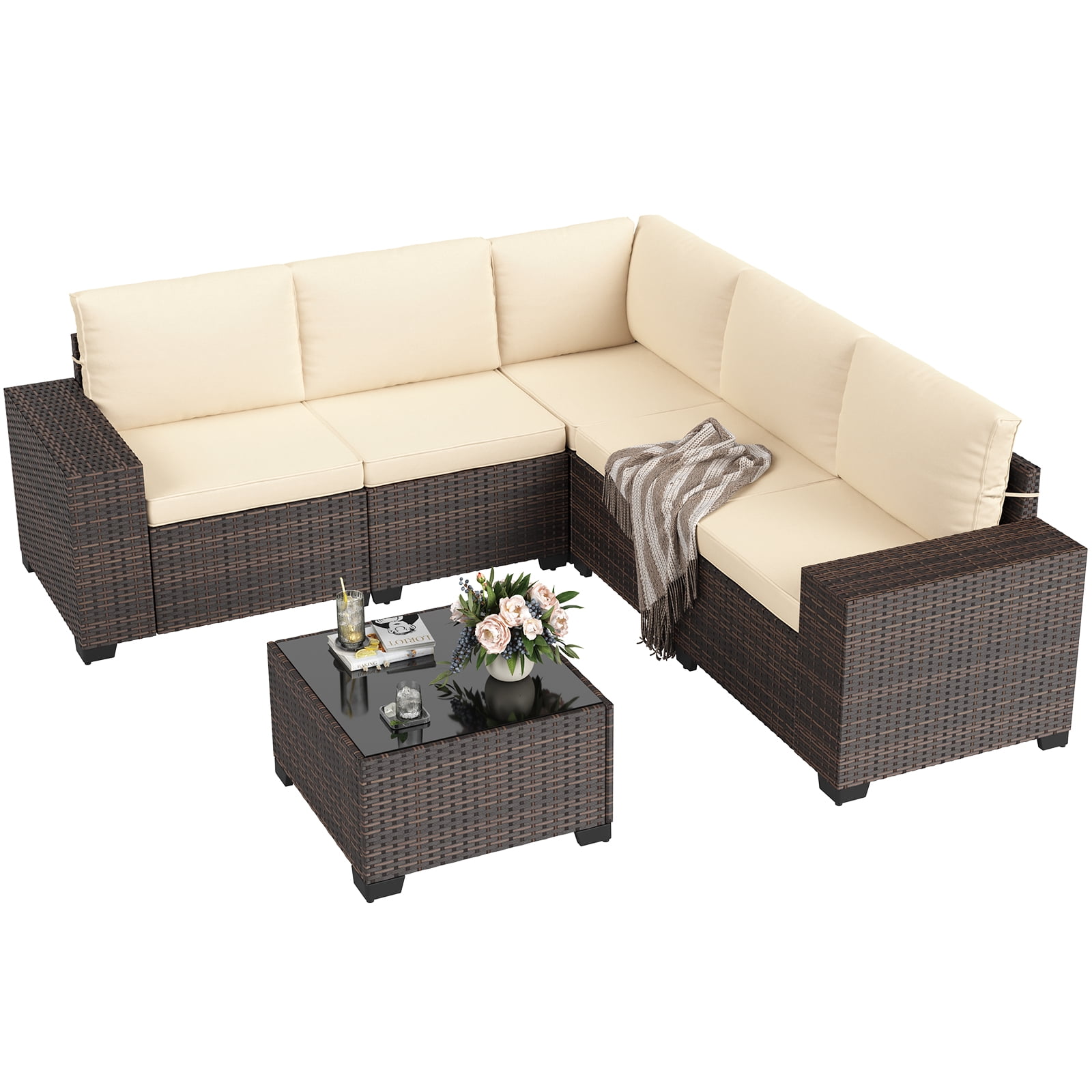 STARY 6 Pieces Outdoor Sectional Sofa with Wide Armrests, Patio Conversation Set, PE Rattan Furniture Set for Backyard, Cream