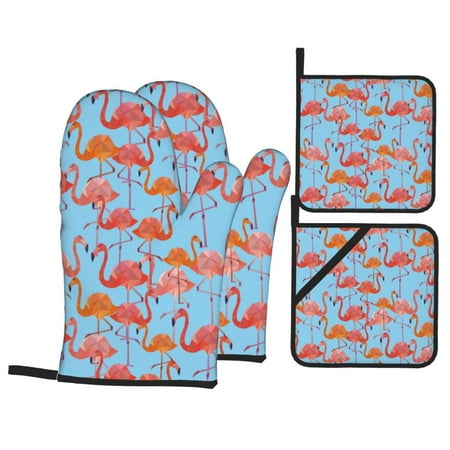 

Oven Mitts and Pot Holders 4 pcs Set Pink flamingo Heat Resistant Pot Holders Oven Mitts for kitchen Non-Slip Hanging Loop Oven Glove Potholders for Baking Cooking