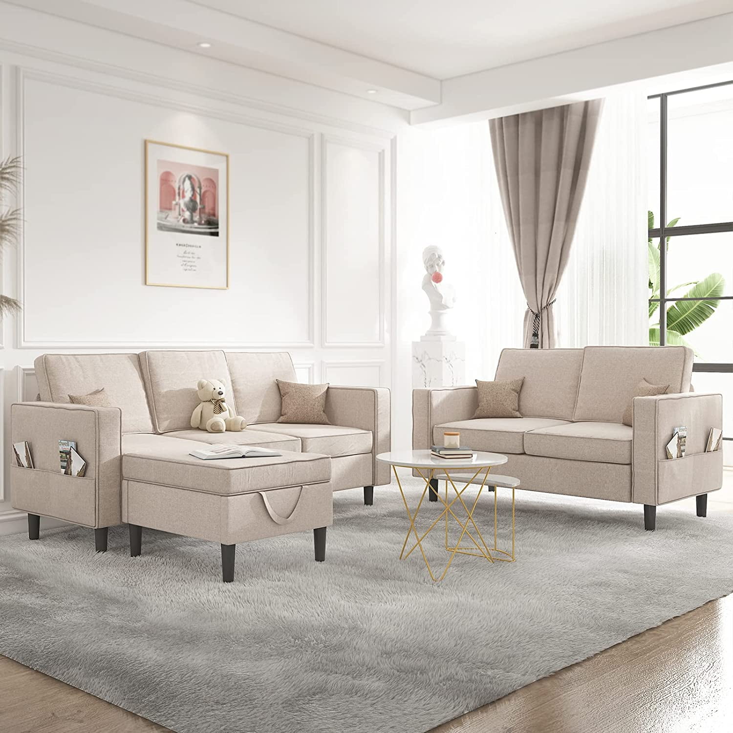 Mjkone 2 Pieces Living Room Furniture Sets, Sectional Sofas and Couches Set with Storage Ottoman for Living Room, 3-Seater + Loveseat + Ottoman,Beige
