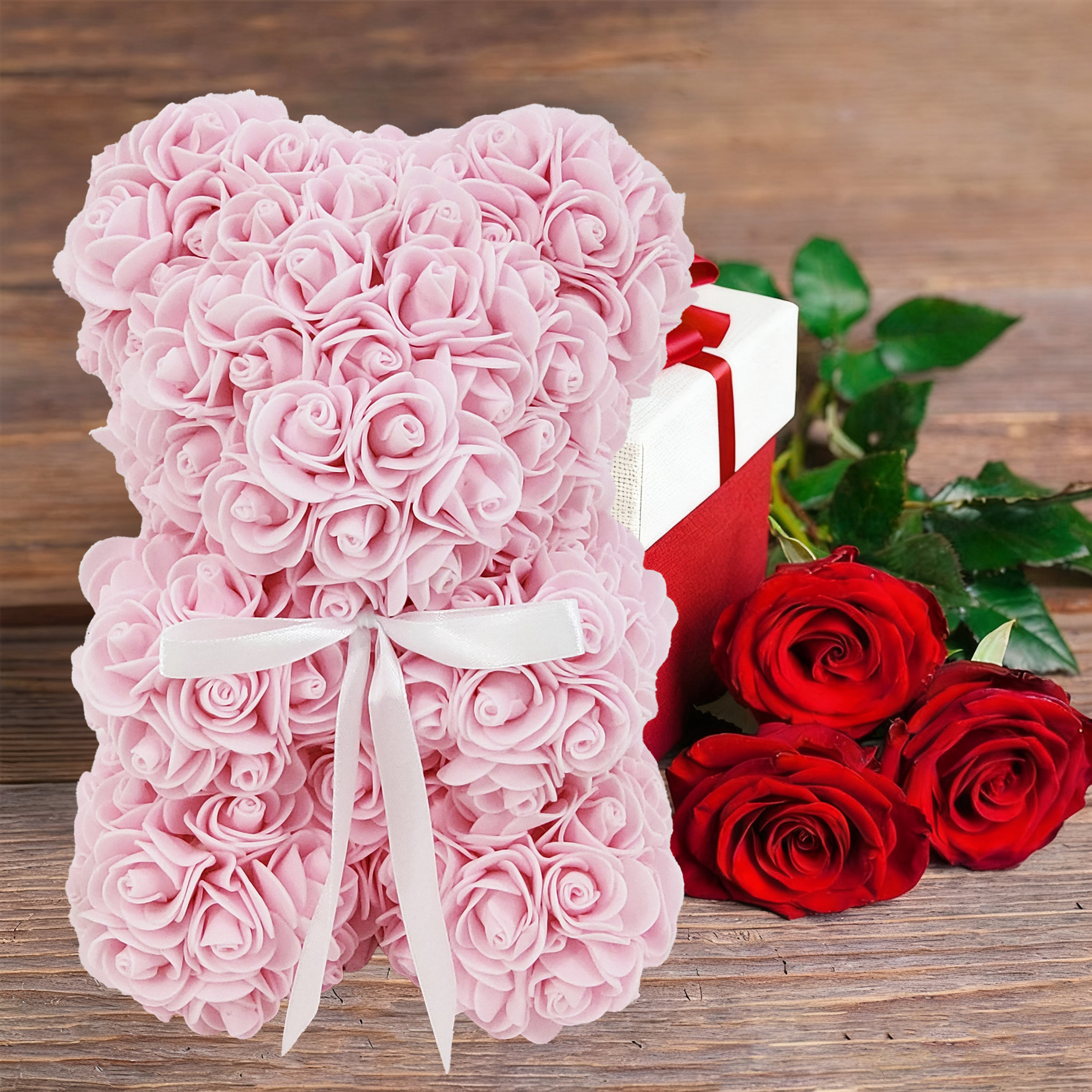 Way To Celebrate 9.25" Artificial Rose Bear Valentine's Day Gift, Light Pink Color