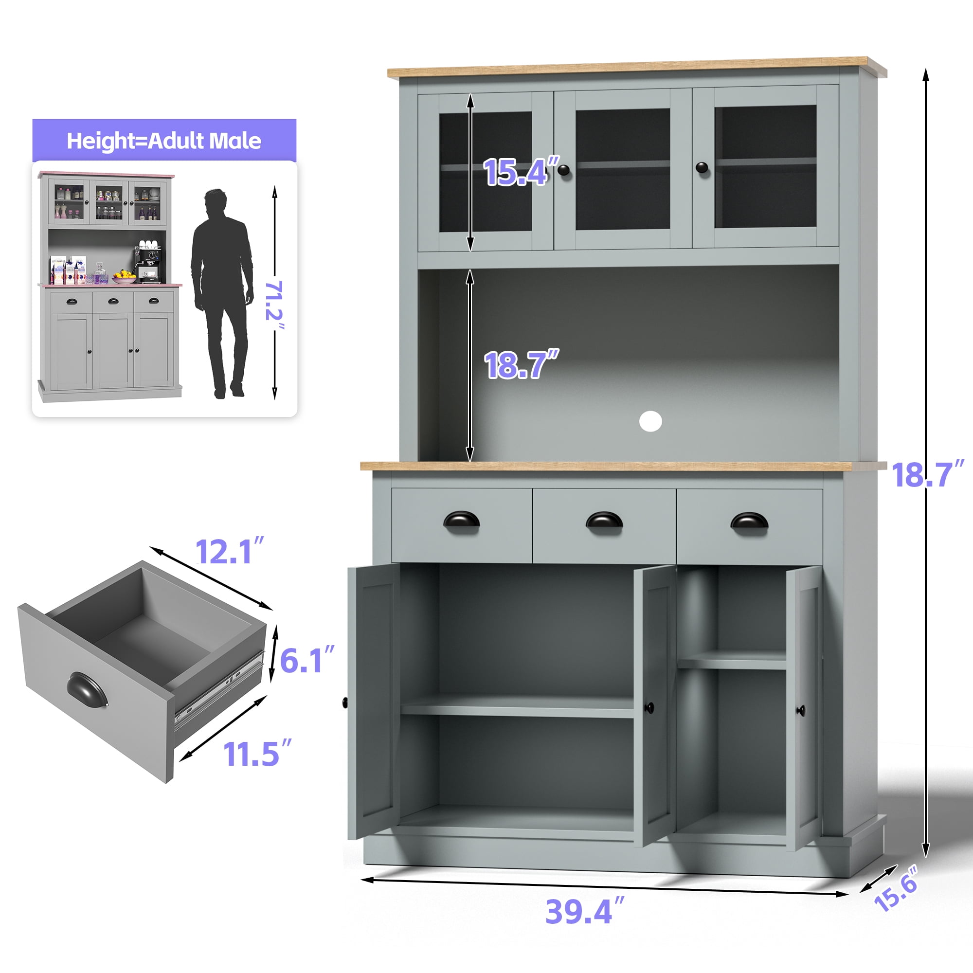 Joywind Freestanding Pantry Cabinet with Countertop, Storage Drawers, and Adjustable Shelves, Gray, 71.2 in