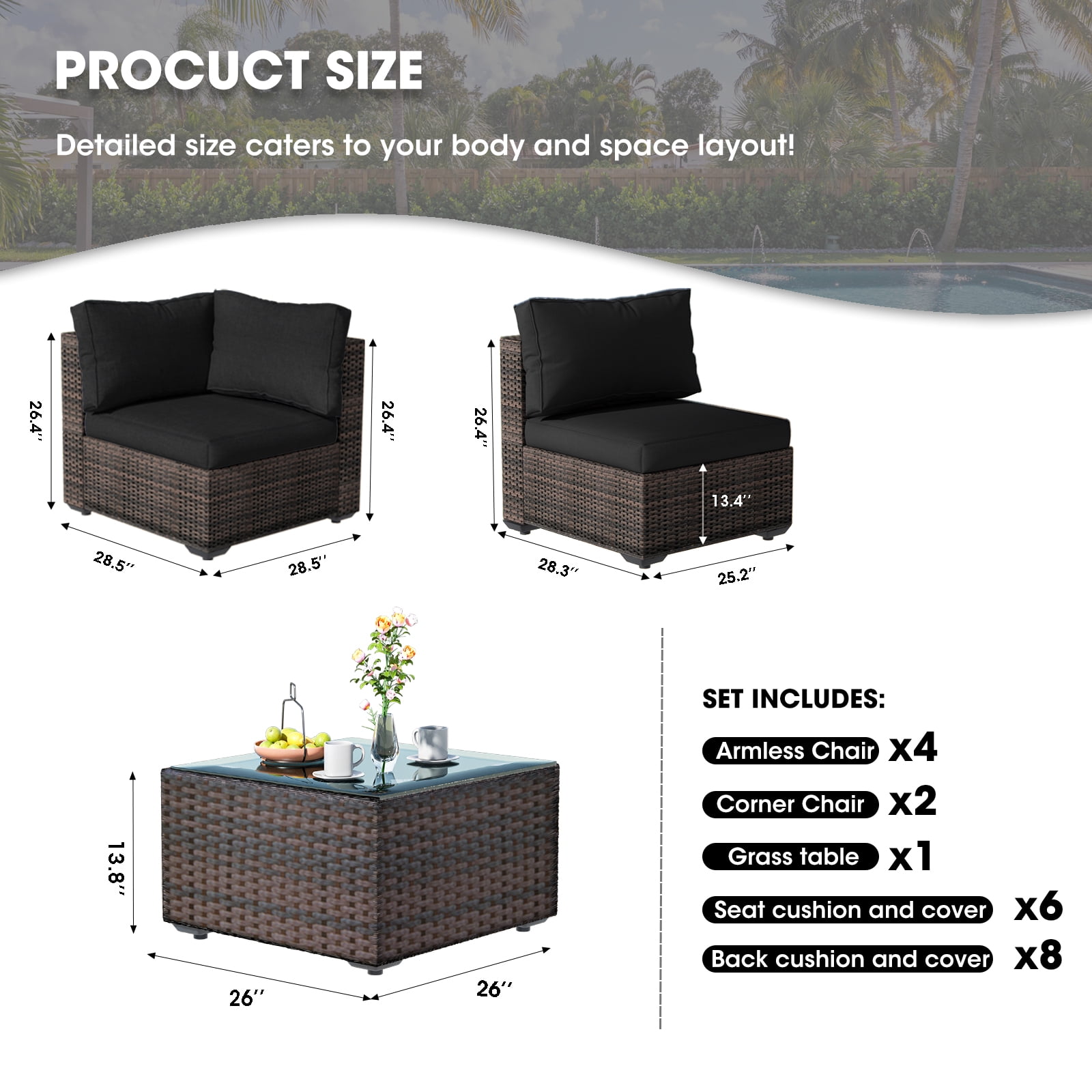 Gaildon 7 Patio Outdoor Furniture Wicker Sectional Sofa Couch Lawn Sectional Black Glass Table, Black