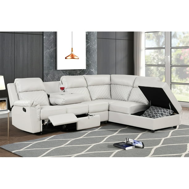 tiran Omgeving eend L-Shaped Sectional Sofa Set with Storage, Soft Faux Leather Recliner Sofa  with Storage Chaise and 2 Cup Holders, Corner Sofa Couch with Built-in  Console, Pillow-top Backrest and Armrests, Grey White - Walmart.com