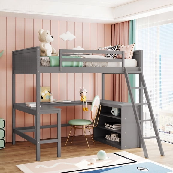 Wooden Full size Loft Bed with Gray Shelves & Desk, Space-Saving & Safe