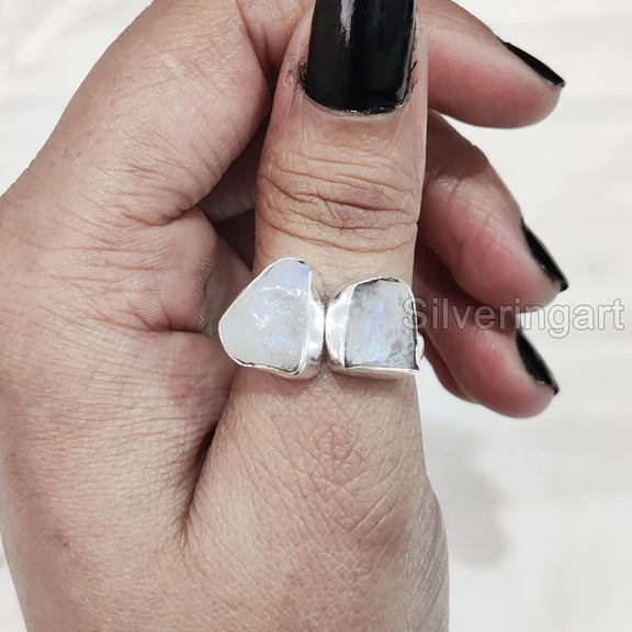 Rainbow Moonstone Ring, Rough Moonstone Adjustable Ring, June Birthstone, Double Stone, 925 Sterling Silver, Womens Ring, Christmas, Thanksgiving, Handmade, Statement Jewelry, Rough Adjustable Jewelry