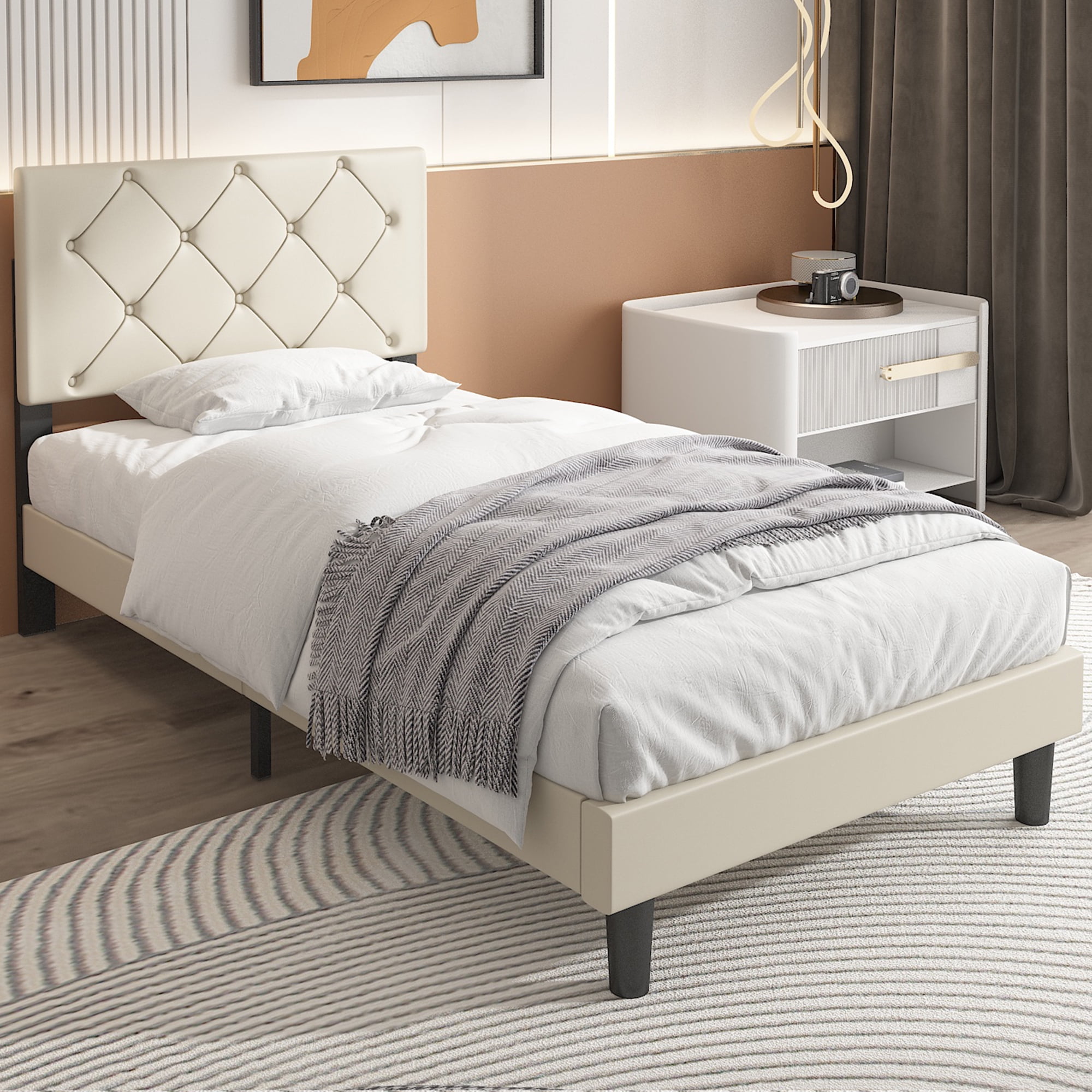 uhomepro Faux Leather Upholstered Platform Twin Bed Frame with