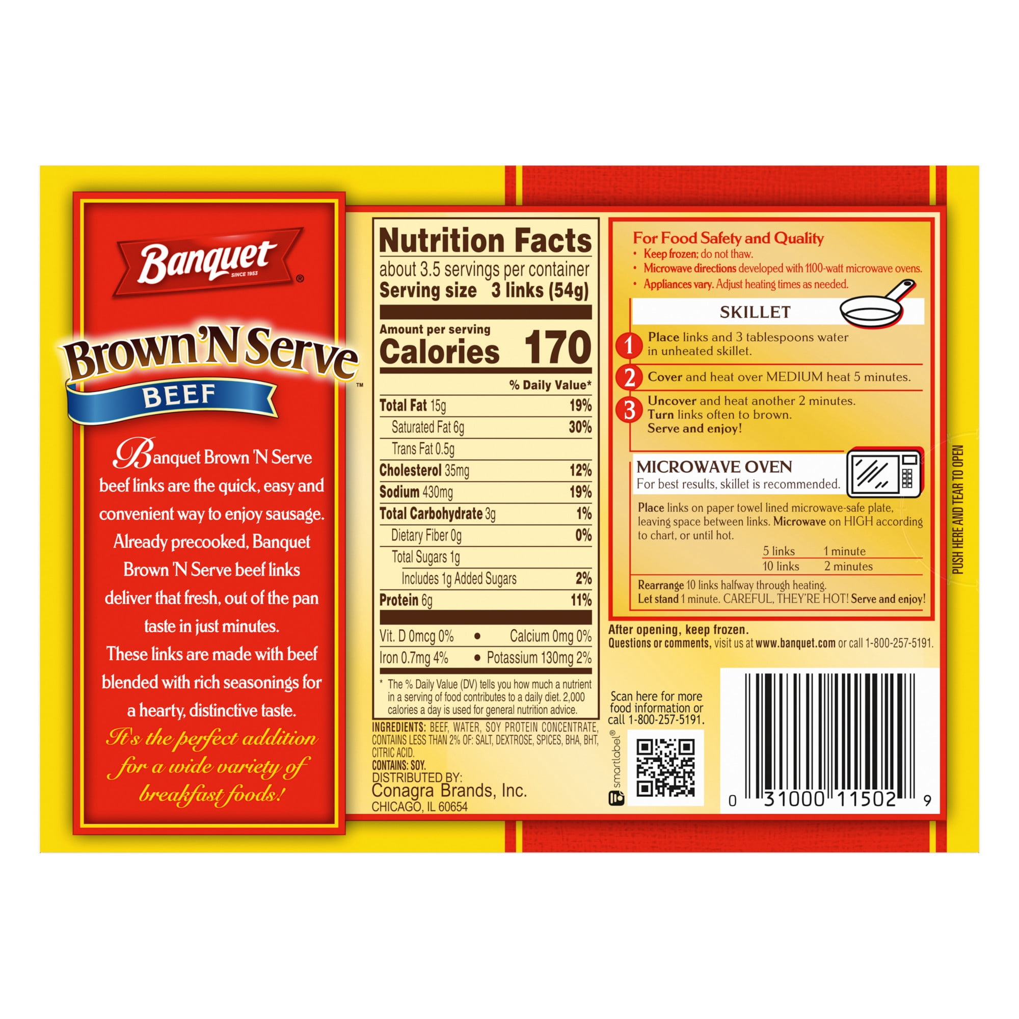 Banquet Brown'N Serve Beef Fully Cooked Sausage Links, 6g Protein per Serving, Frozen Breakfast, 6.4 oz.