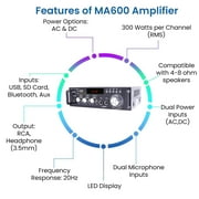 Home Theater System Kit – 2 Channel 600 Watts Bluetooth Amplifier w/ 2 QTY of 5.25 Framed Ceiling Speakers 175W Each, 50 ft Speaker Wire & Remote Ideal for Home, Office, Restaurant by Technical Pro