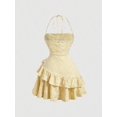 thumbnail image 2 of Yellow 2 Gingham Daisy Print Ruched Halter Dress With Tiered Ruffle Skirt, 2 of 29