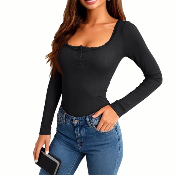Women's 2026 Long Sleeve Henley T Shirts Lace Trim Button Ribbed Knit Slim Fit Casual Basic Tops Blouse