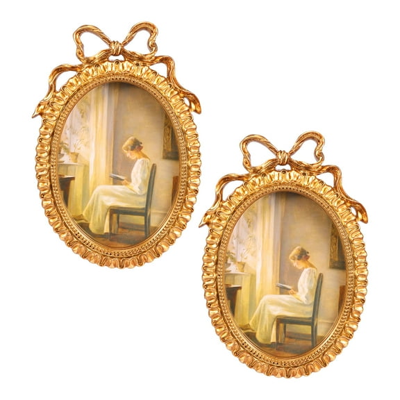 2Pack Picture Frame with Real Glass，7inch Golden Resin Oval Bowknot Photo Frames for Tabletop and Wall Display, Decorative Retro Home Decor