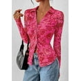 thumbnail image 3 of PRETTYGARDEN Women Button Down Floral Shirts Fall Trendy Long Sleeve V Neck Ruched Fitted Mesh Blouse Tops Date Outfits, 3 of 8