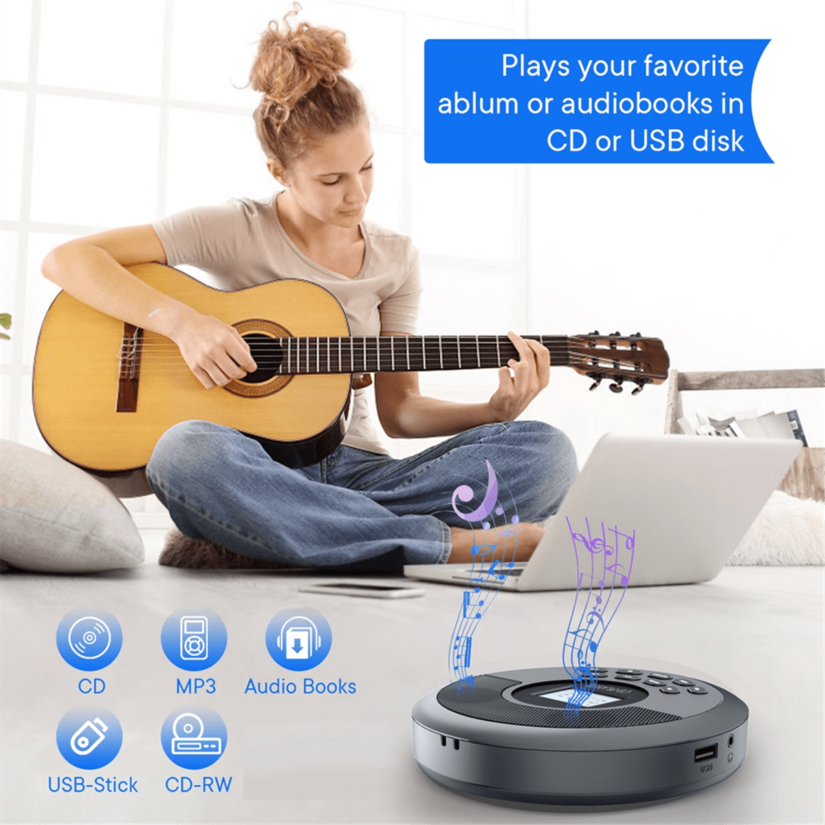 Portable Bluetooth CD Player Rechargeable Discman with Dual Speakers and Headphones  Cd Player Mp3 Player Black