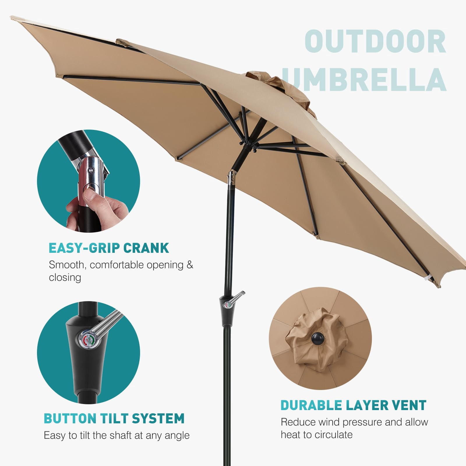 9ft Outdoor Patio Umbrella - UPF50+ UV Protection with Push Button Tilt, Crank and 8 Sturdy Ribs