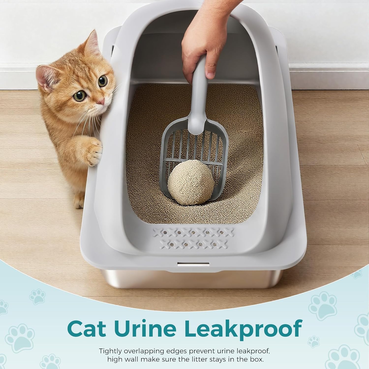 Atilioo Stainless Steel Cat Litter Box with Lid, Metal Litter Pan High Sided, Anti-Urine Leakage, Easy Clean, Never Absorbs Odors, Include Scoop & Mat, Light Gray
