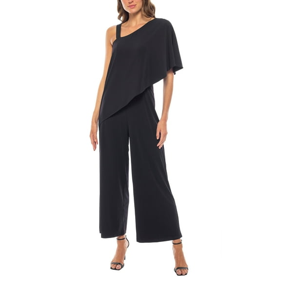 Marina One Shoulder Asymmetrical Neck Short Flutter Sleeve Wide Leg Jumpsuit Color: BLACK, Size: L