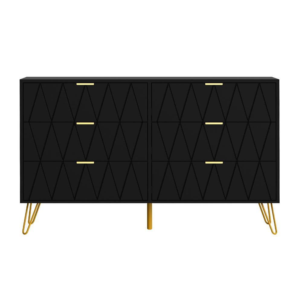 Eclife 47.2"Wide x 28.7" Tall 6-Drawer Double Dressers for Bedroom Living Room Chest with Deep Drawers and Metal Handles, Modern Wood Storage Chest of Drawers, Black