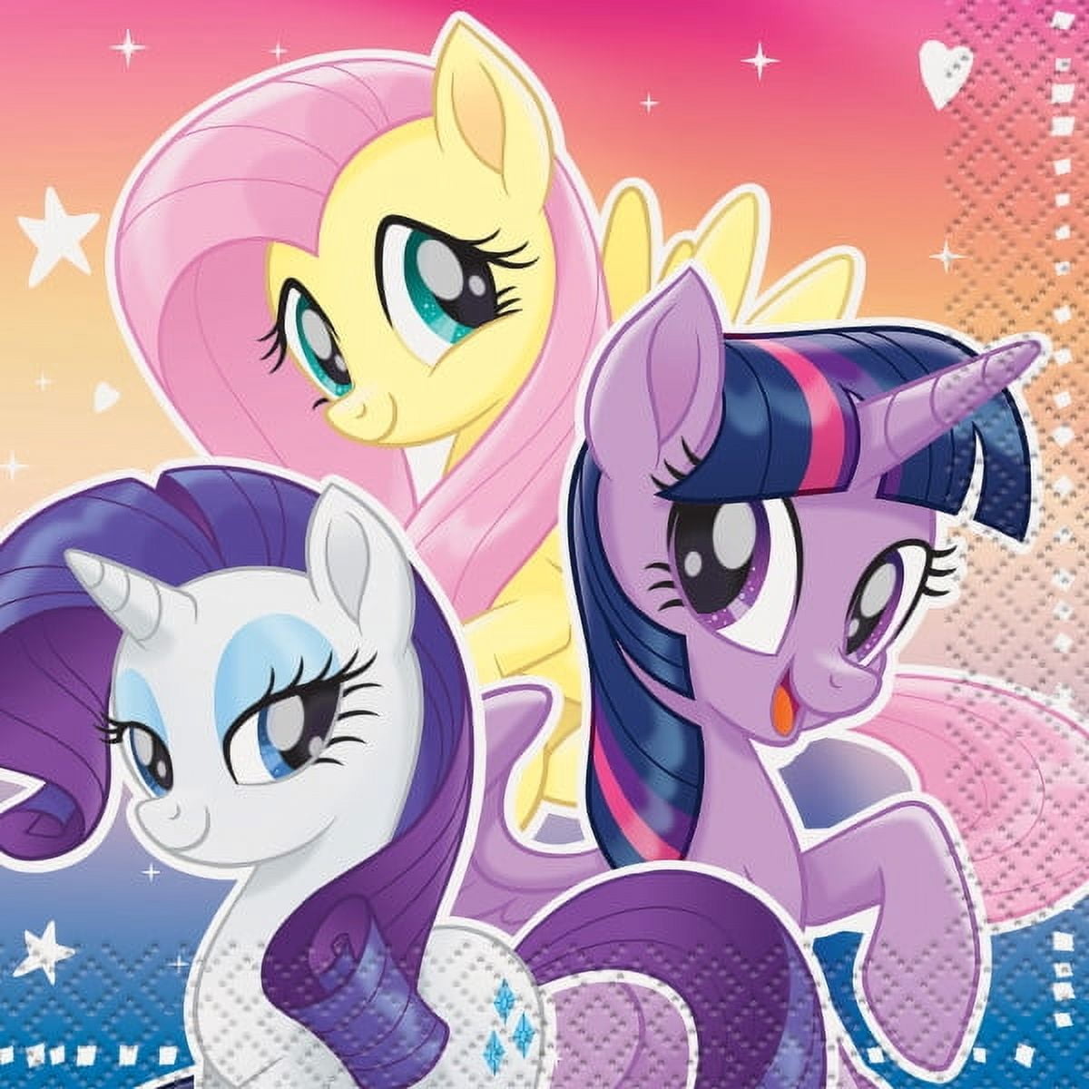 My Little Pony Birthday Supplies Bundle includes 16 Dessert Cake Paper Plates 7", 16 Paper Napkins, 1 Plastic Table Cover 54" x 84", 1 Happy Birthday Banner, 1 Dinosaur Sticker Sheet