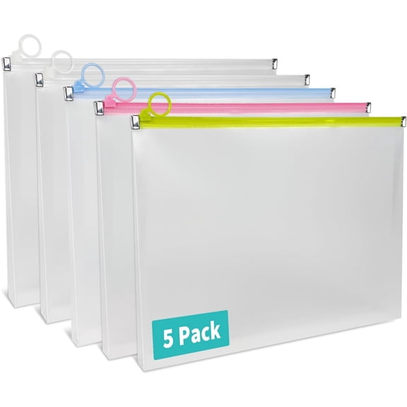 5 Pack Clear Plastic Zip Envelopes, Heavy Duty, 9 x 12 Inch Expanding File Pouches, Multicolor Document Holders for Office and School Use