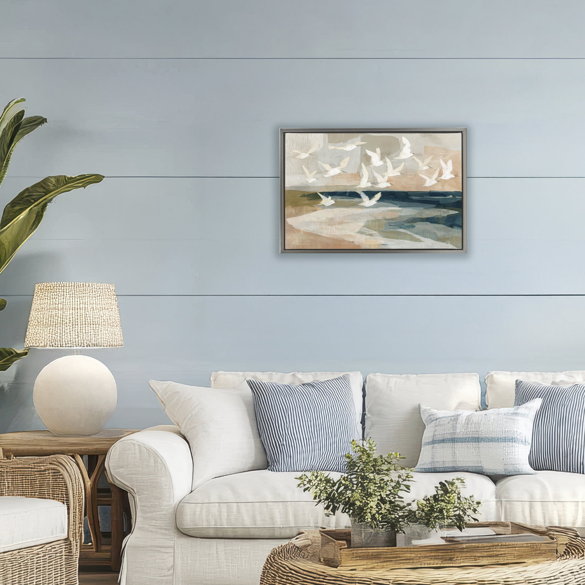 Stupell Industries Birds in Flight Over Water Gray Framed Floater Canvas Wall Art, design by Chromatic Storm Studio