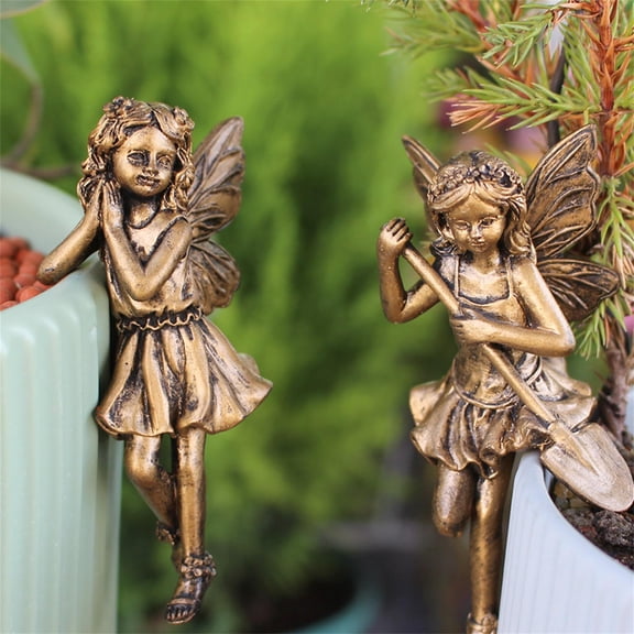 2Pcs Garden Angels Statue,Resin Bronze Angels Figurines,Miniature Flower Pot Fairy Hugger Decorations,Fairy Pot Buddy,Cute Fairies Pot Hugger Figurines
