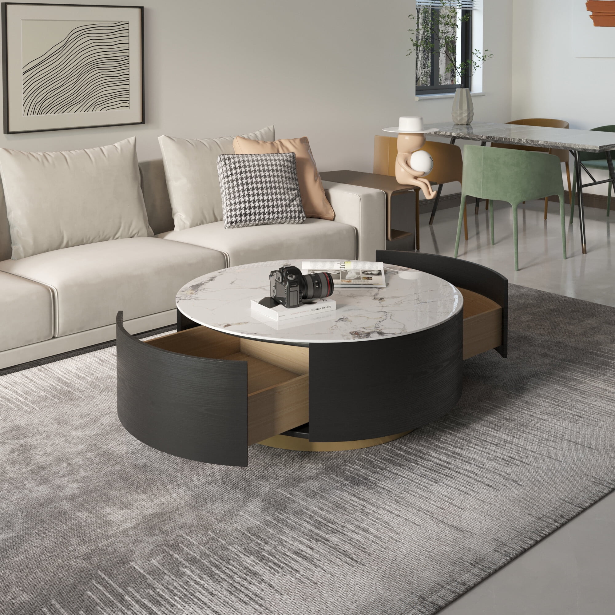 Magic Home Modern Round Coffee Table with Two Drawers,Circle Coffee Table Space-Saving Multiple Purpose for Living Room,dining room and home office,Black White 2 Colors