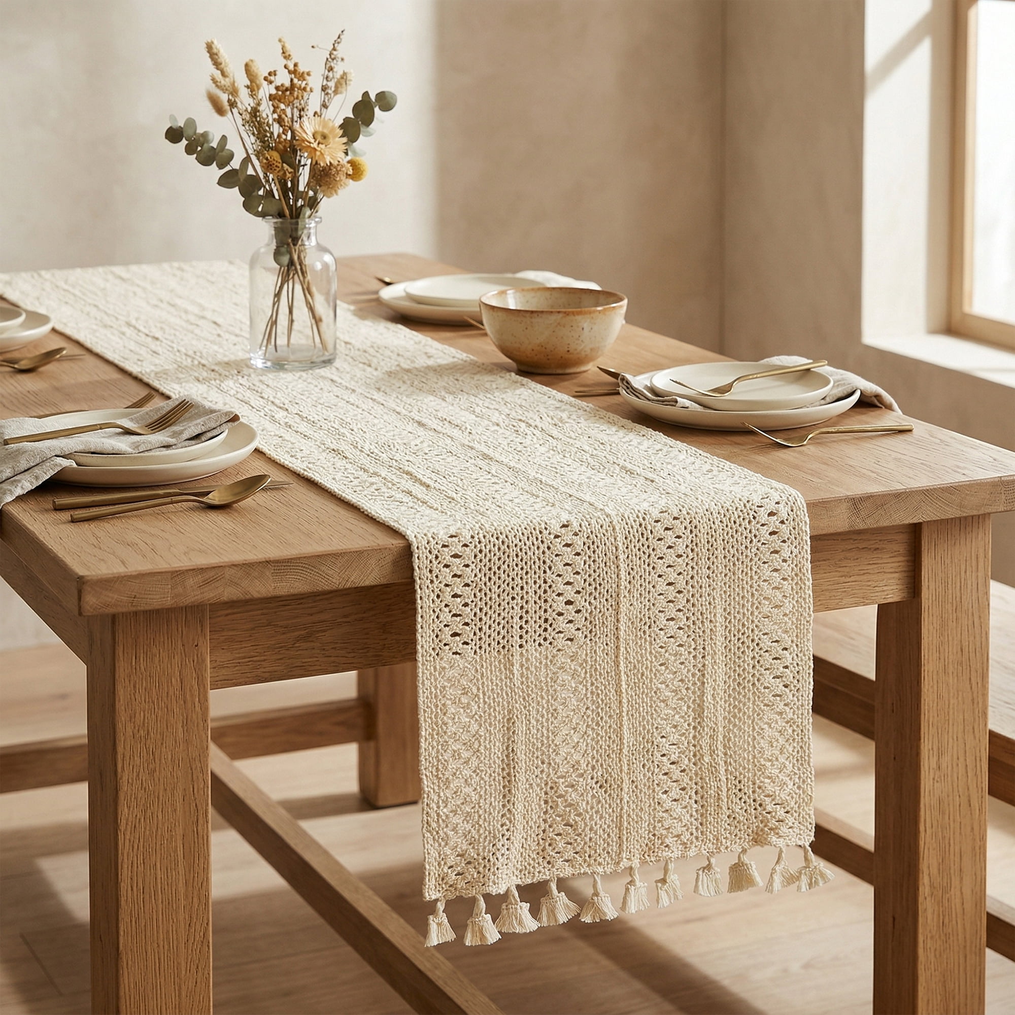 Unique Bargains Long Washable Cotton Kitchen Runner with Tassel Striped flower 70.9in